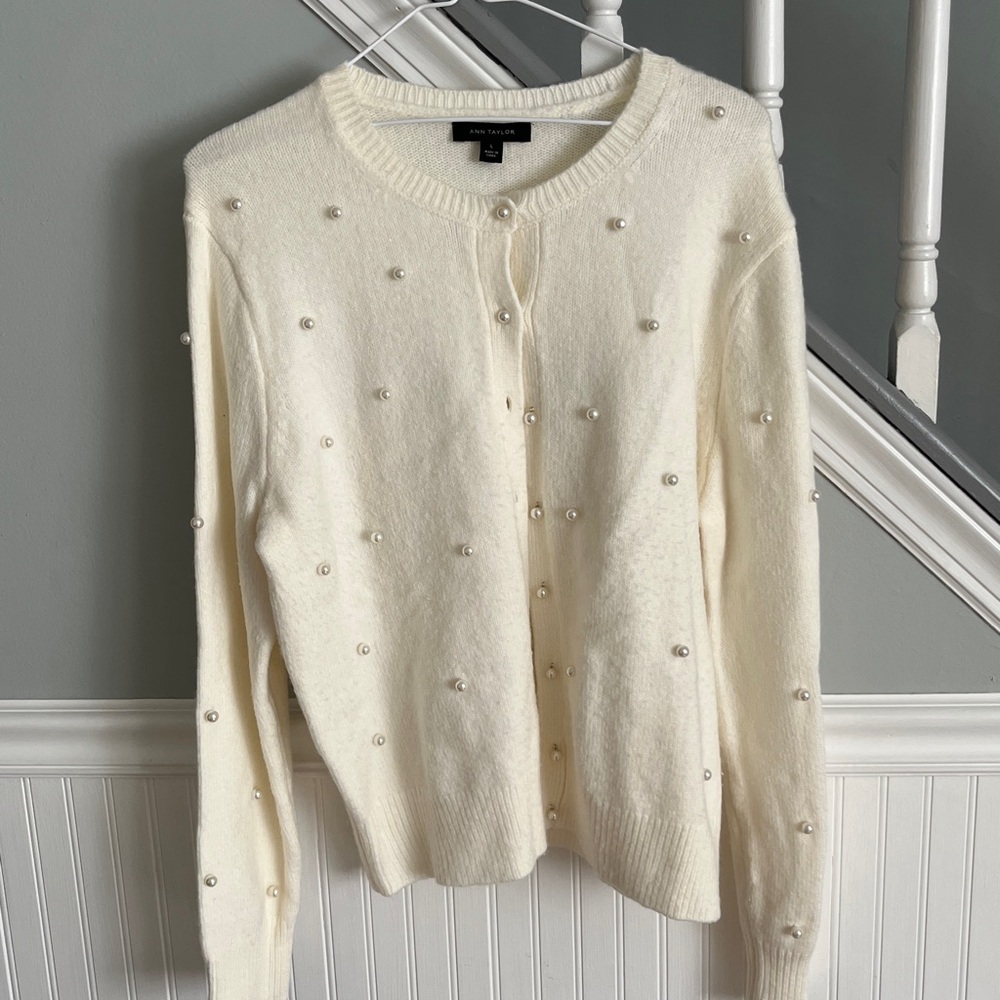 Ann Taylor Ivory Cardigan with Pearl Details